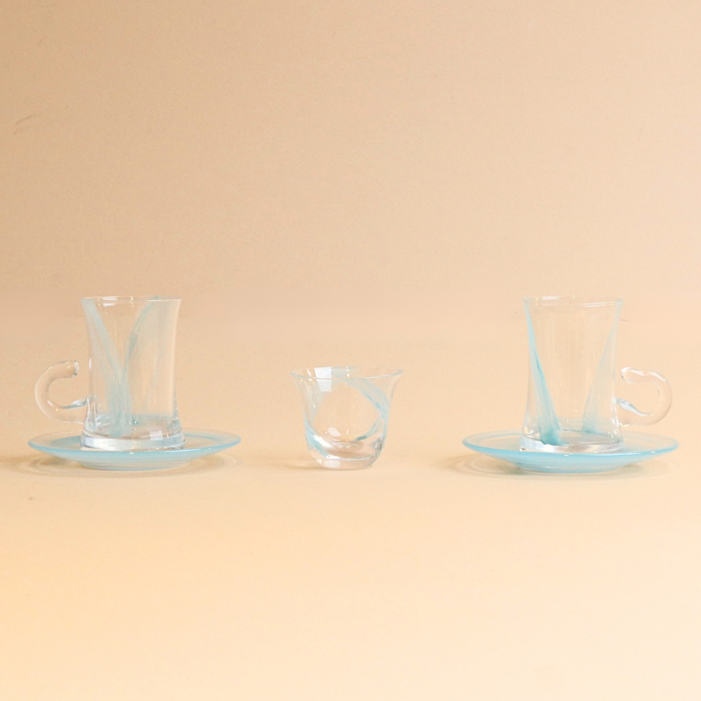 Wavy Glass Istikana with Saucer & Finjan Set (Teal Blue ) - 18  pcs