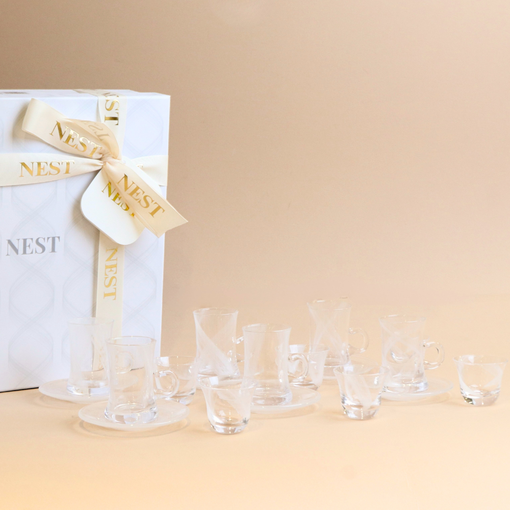Wavy Glass Istikana with Saucer & Finjan Set (White )  - 18  pcs
