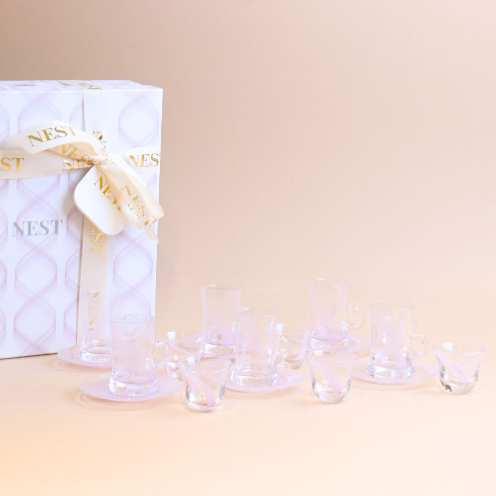 Wavy Glass Istikana with Saucer & Finjan Set (Pink )  - 18  pcs