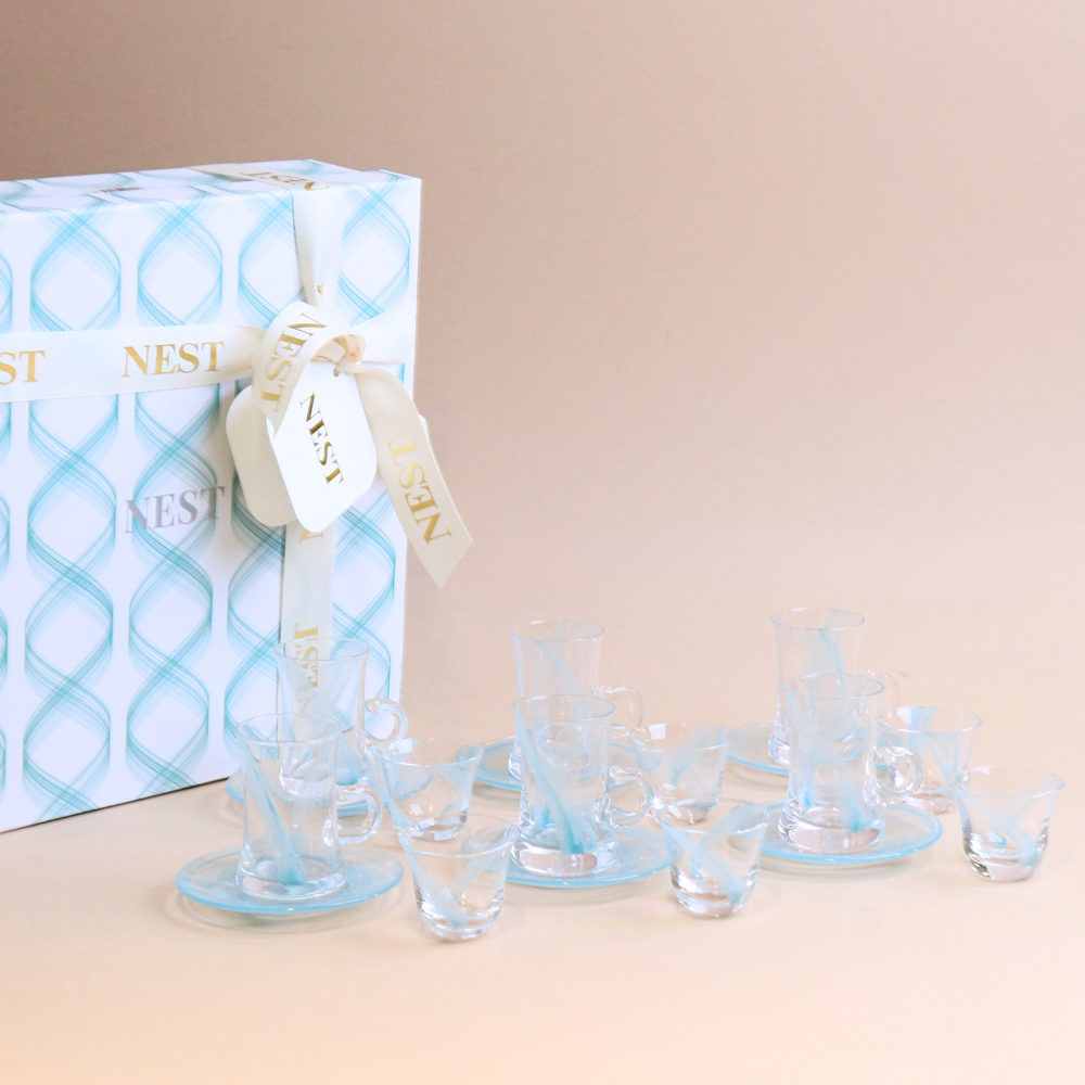 Wavy Glass Istikana with Saucer & Finjan Set (Teal Blue ) - 18  pcs