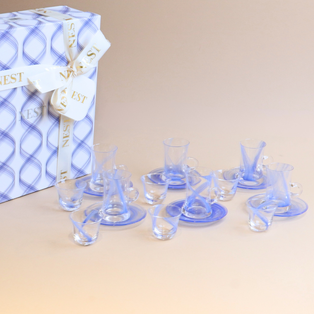 Wavy Glass Istikana with Saucer & Finjan Set (Blue )  - 18  pcs