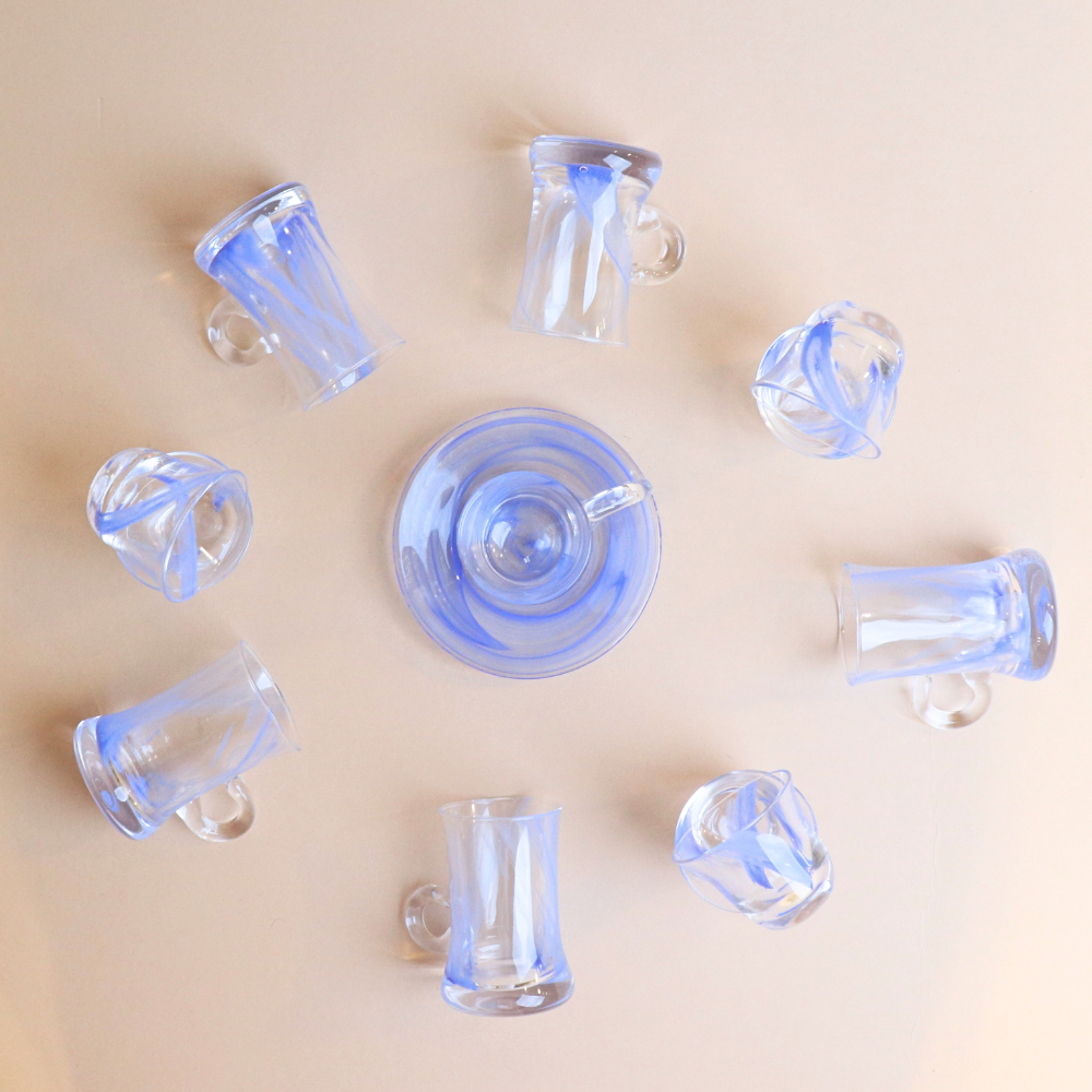 Wavy Glass Istikana with Saucer & Finjan Set (Blue )  - 18  pcs