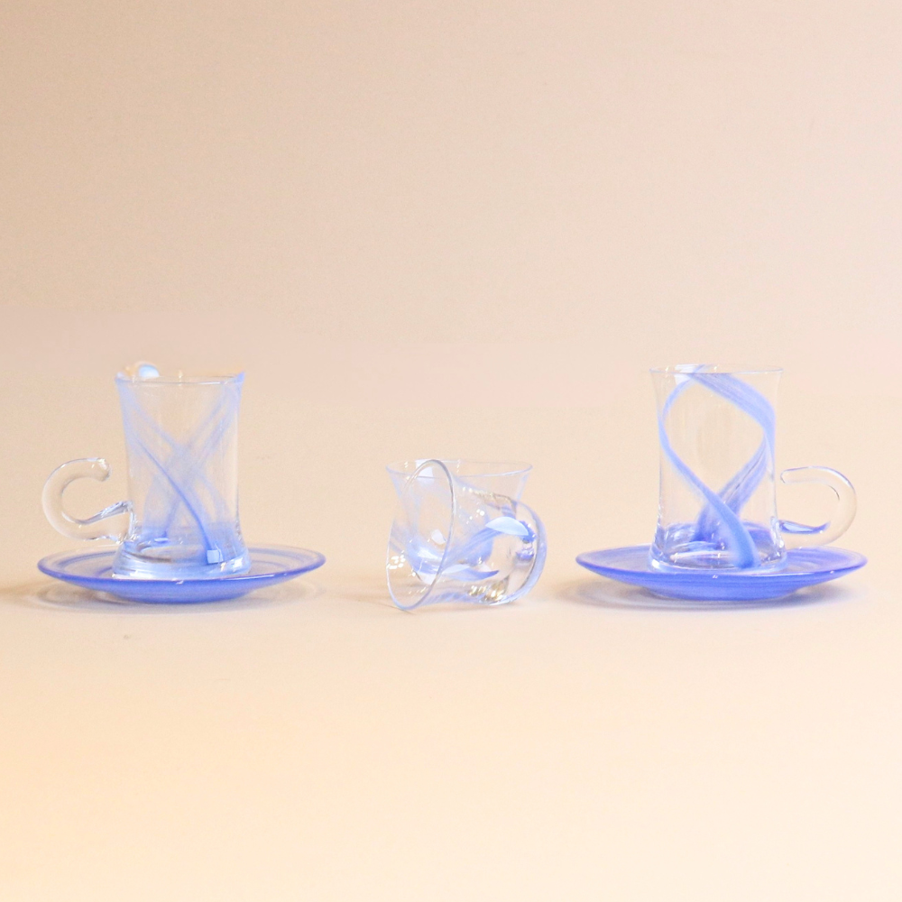 Wavy Glass Istikana with Saucer & Finjan Set (Blue )  - 18  pcs