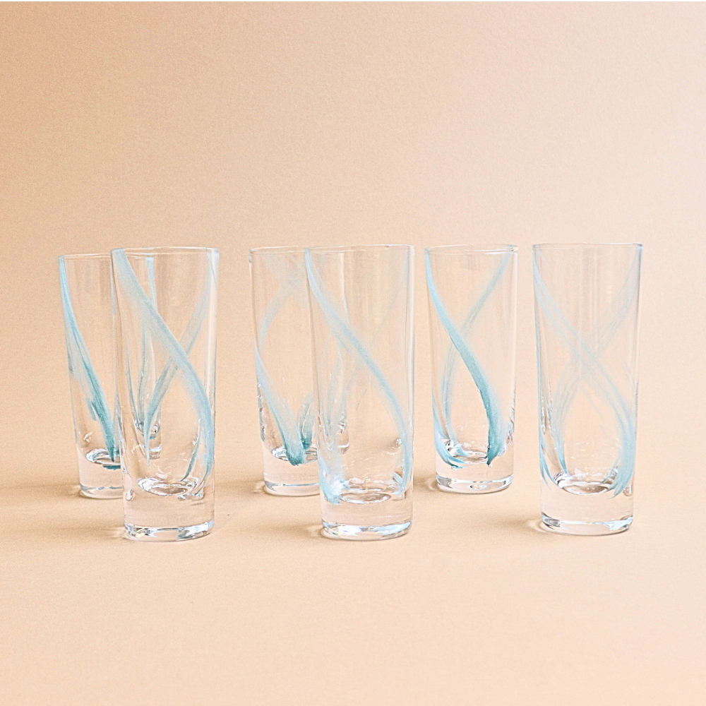 Set of Small Wavy Glass Cup - Teal Blue , 6 pcs