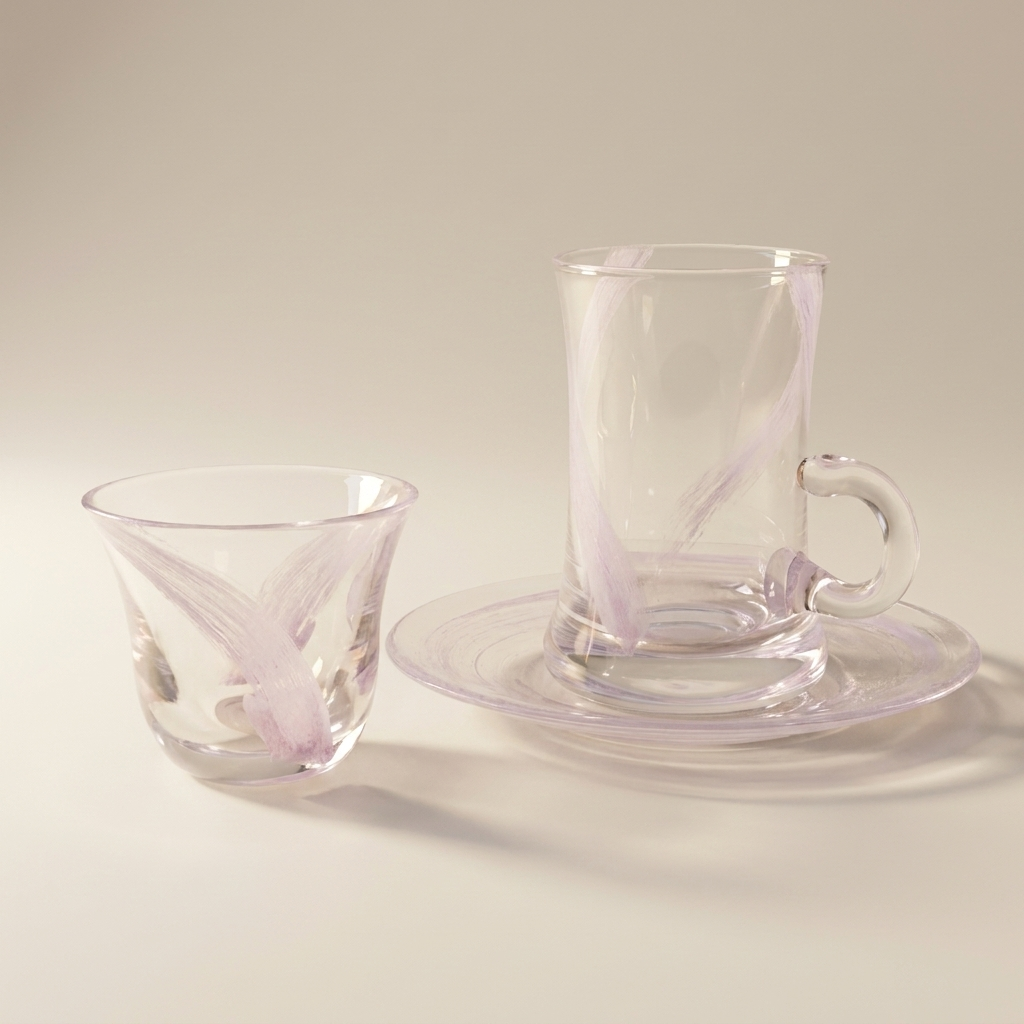 Wavy Glass Istikana with Saucer & Finjan Set (Pink )  - 18  pcs