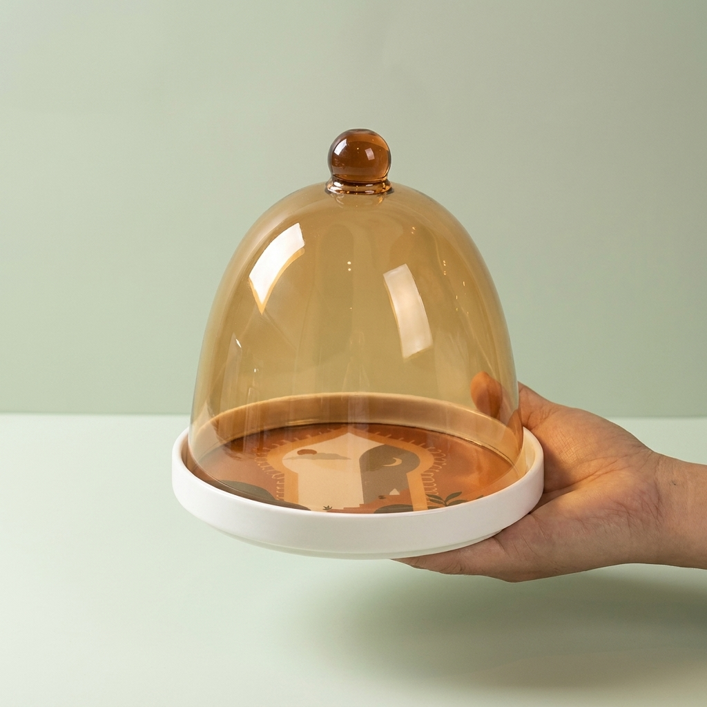 Moroccan design Cake plate with  Amber cover