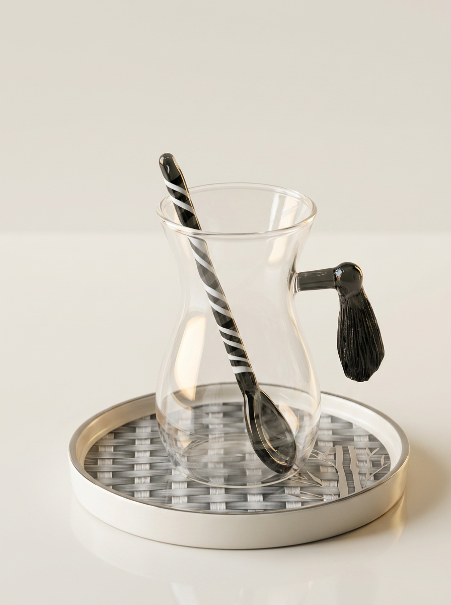 Set of Istikana Glass with rattan saucer & Spoon, 6 pcs - Grey