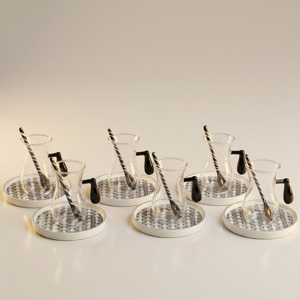 Set of Istikana Glass with rattan saucer & Spoon, 6 pcs - Grey