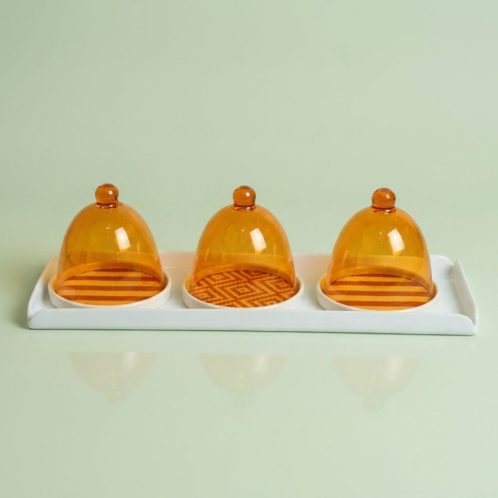 Cake plates with cover & acrylic tray (yellow-pattern/stripe)