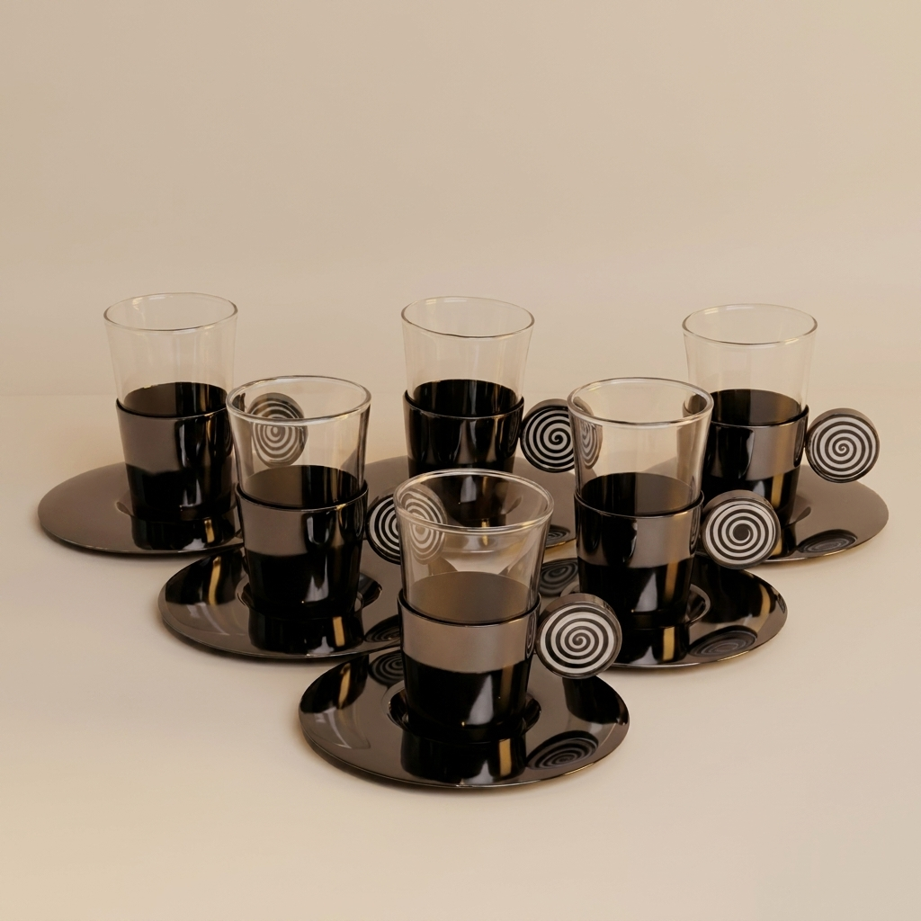 Set of Istikana With Ribbed design ceramic handle - Black , 6 pcs