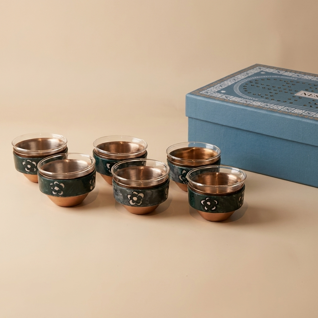 Set of Finjan with flower design Sleeve ,  Rose Gold - 6 pcs