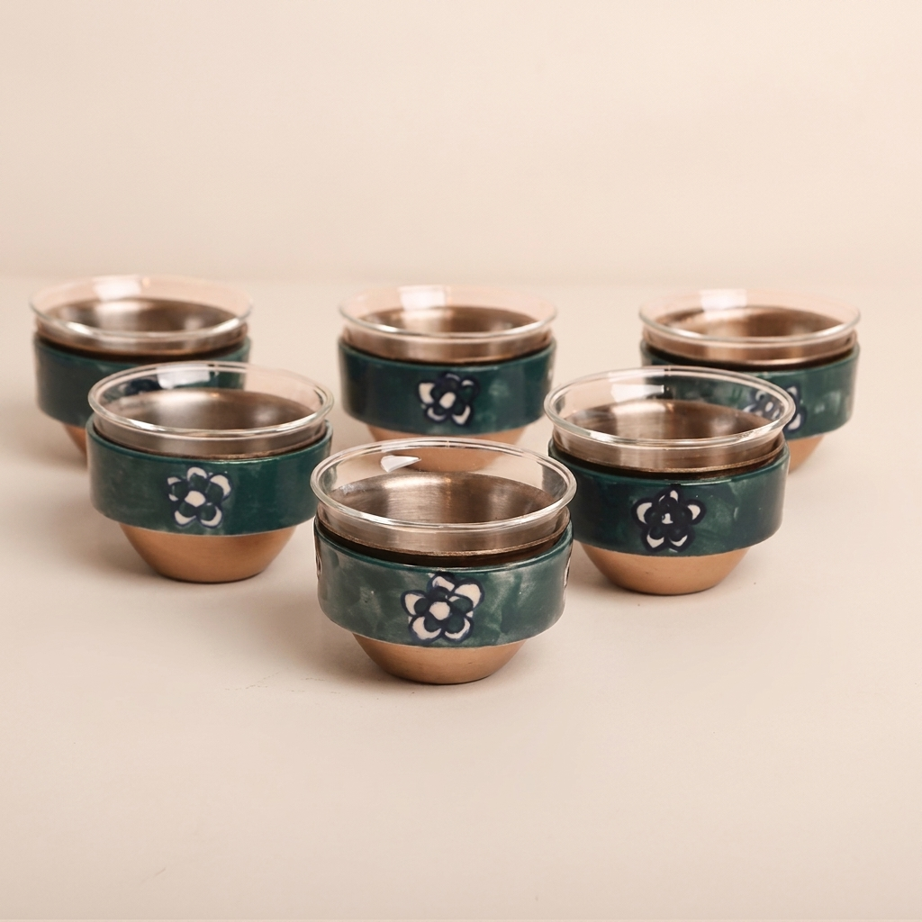 Set of Finjan with flower design Sleeve ,  Rose Gold - 6 pcs