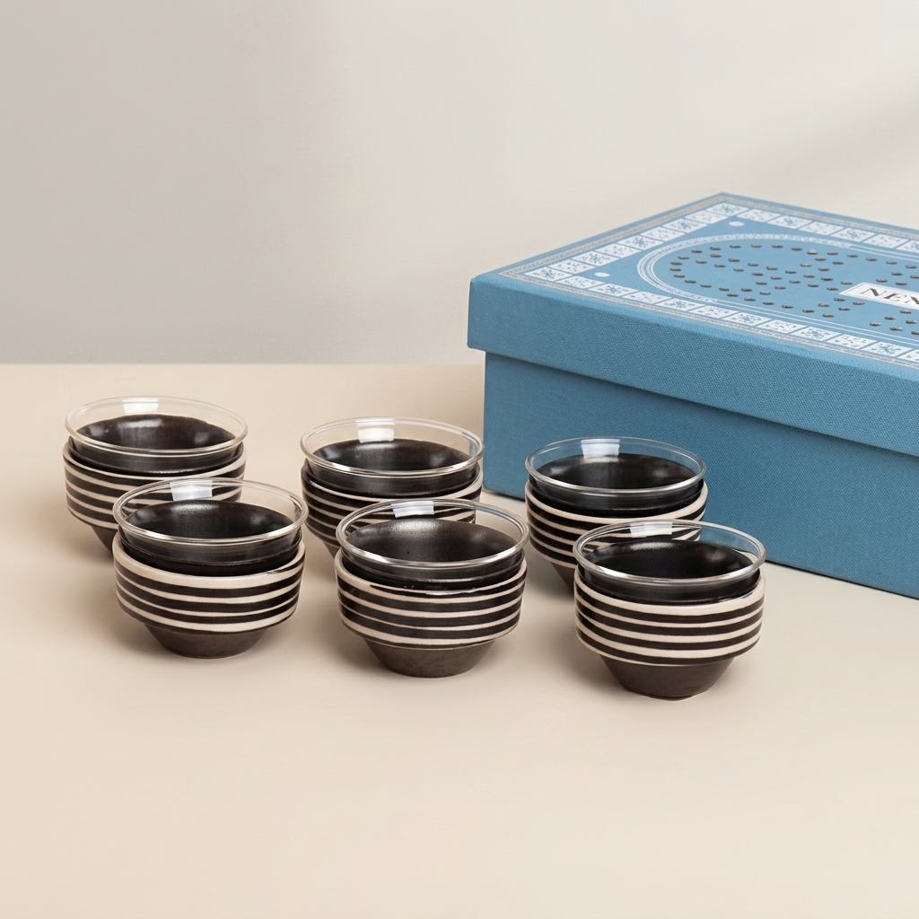 Set of Finjan With ceramic design  ribbed  sleeve - Black , 6 pcs