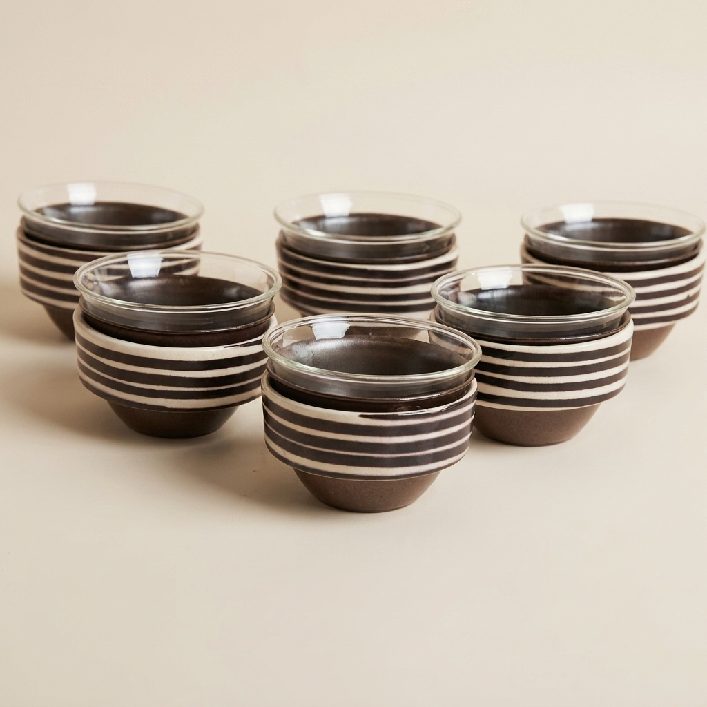 Set of Finjan With ceramic design  ribbed  sleeve - Black , 6 pcs