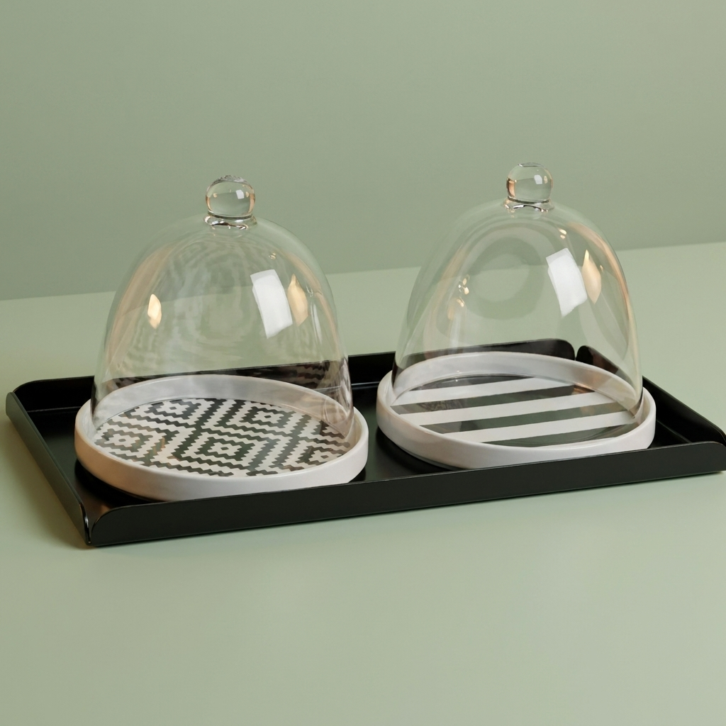 Black Stripe & pattern Cake plates with cover & acrylic tray