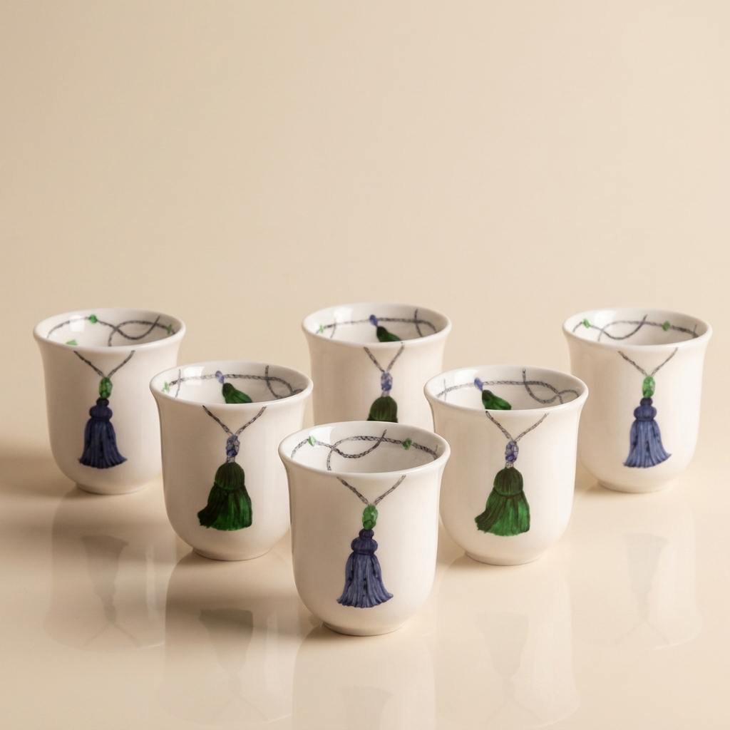 Set of Tall Finjan with tassel design - Green , 6 pcs