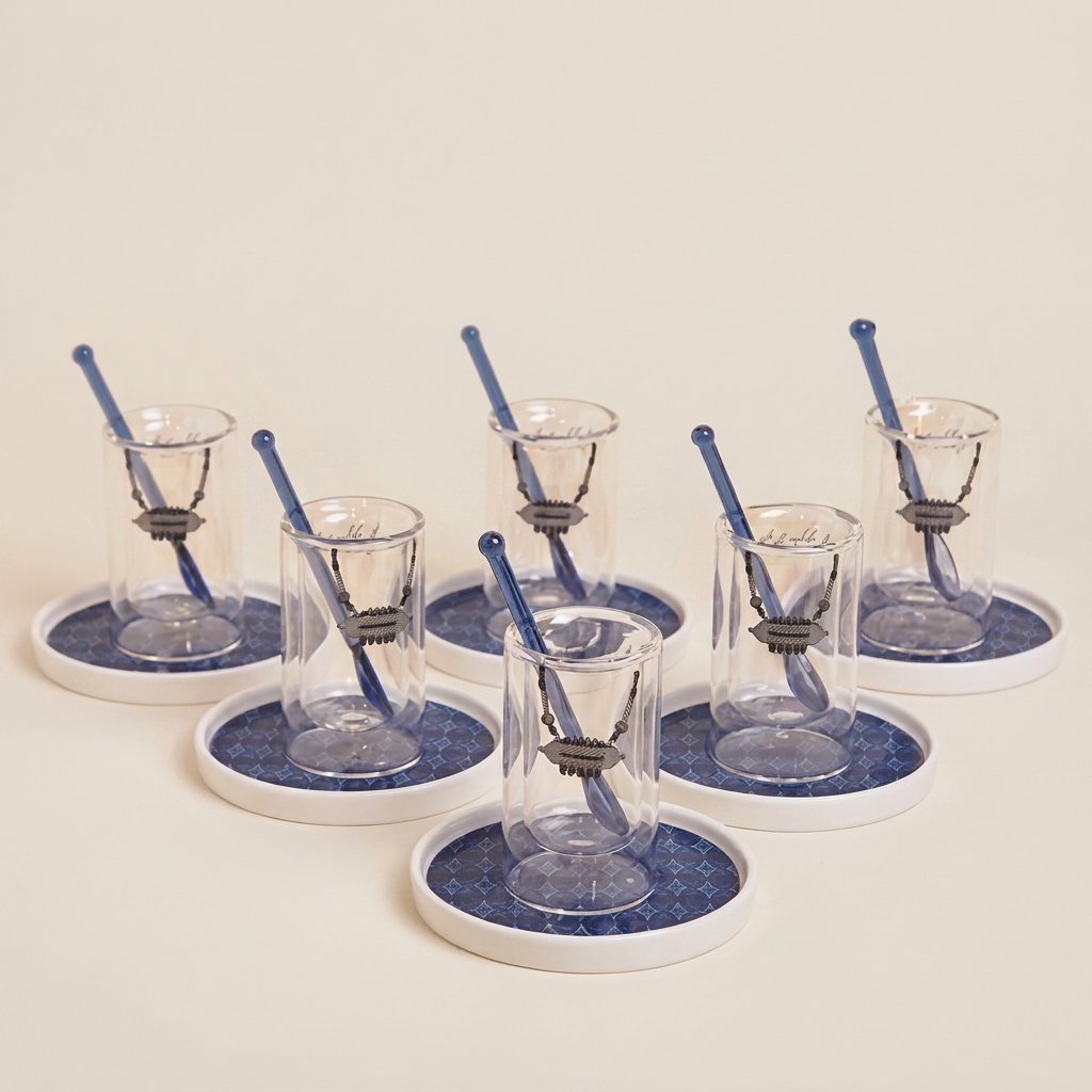Jewerly design istikana with saucer & spoon ,Blue - 6 pcs
