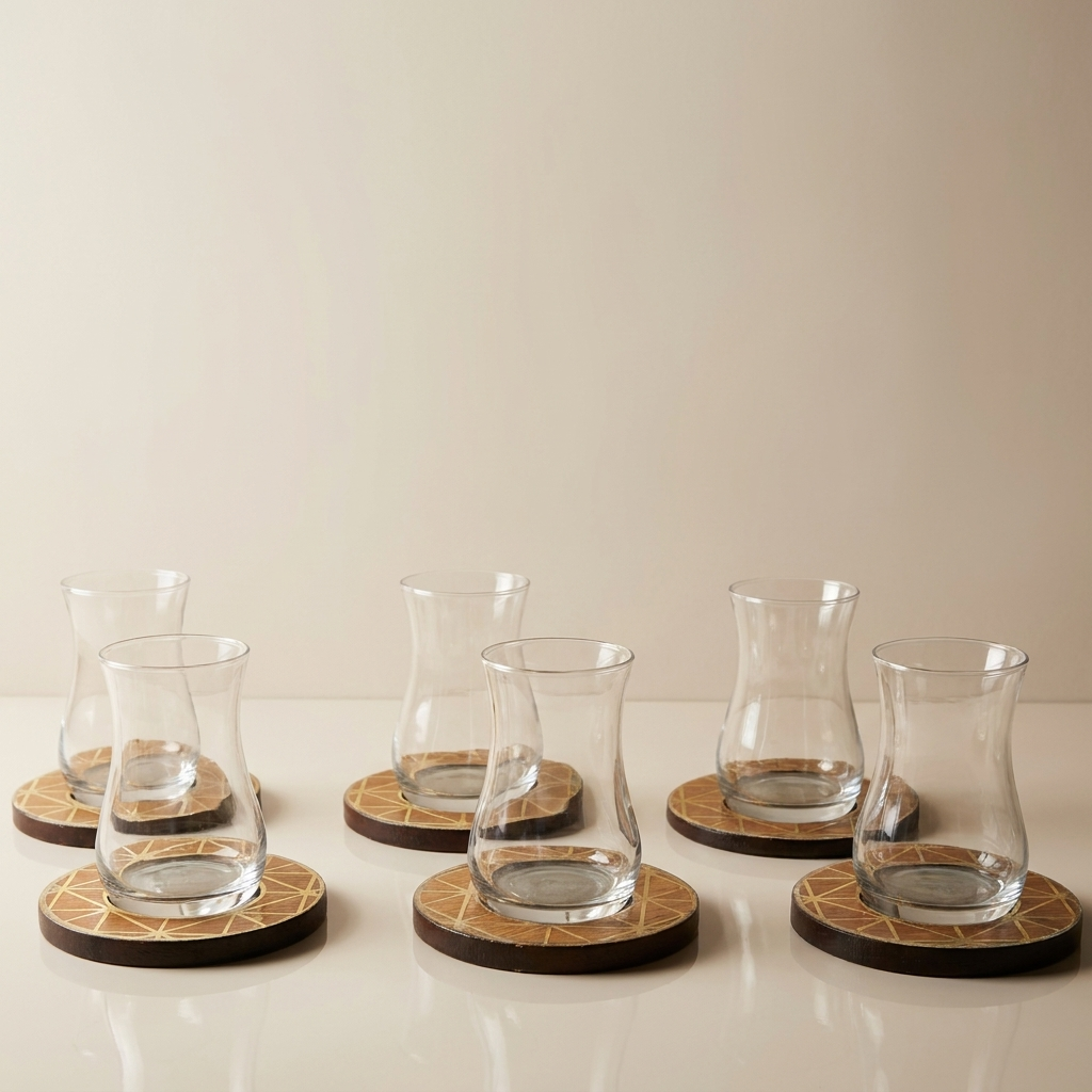 Glass istikana with Printed  Design Coaster Gold  -  6 pcs