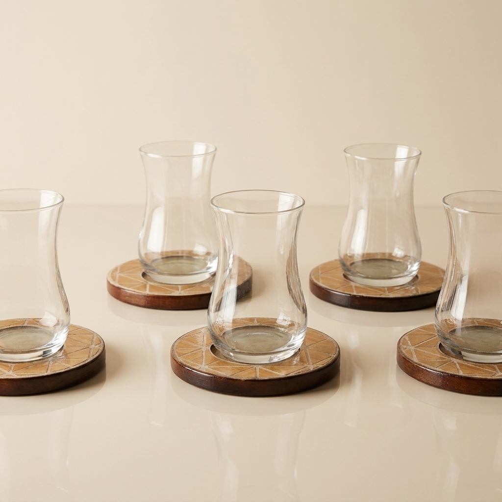 Glass istikana with Printed  Design Coaster Gold  -  6 pcs