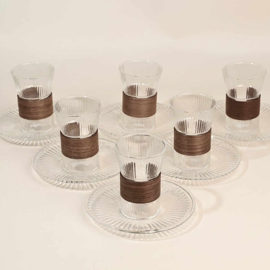 Set of Ribbed design  Istikana & saucer set with wood cover , 6 pcs