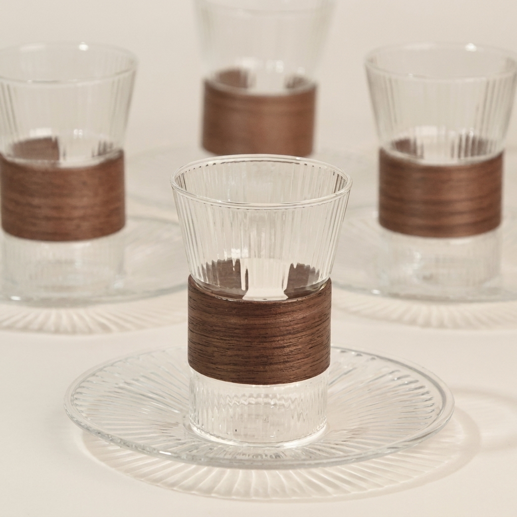 Set of Ribbed design  Istikana & saucer set with wood cover , 6 pcs
