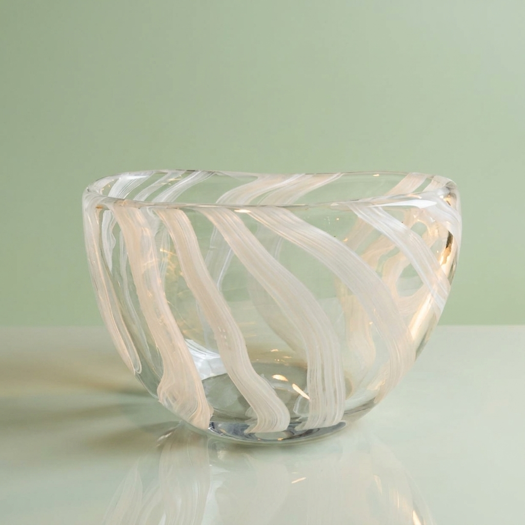 Striped oval Shaped Serving Bowl - White