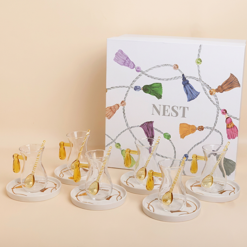 Set of Istikana glass with tassel design handle with Saucer & spoon ,6 pcs -Mustard yellow