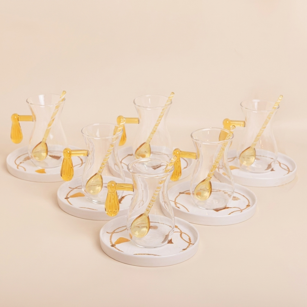 Set of Istikana glass with tassel design handle with Saucer & spoon ,6 pcs -Mustard yellow