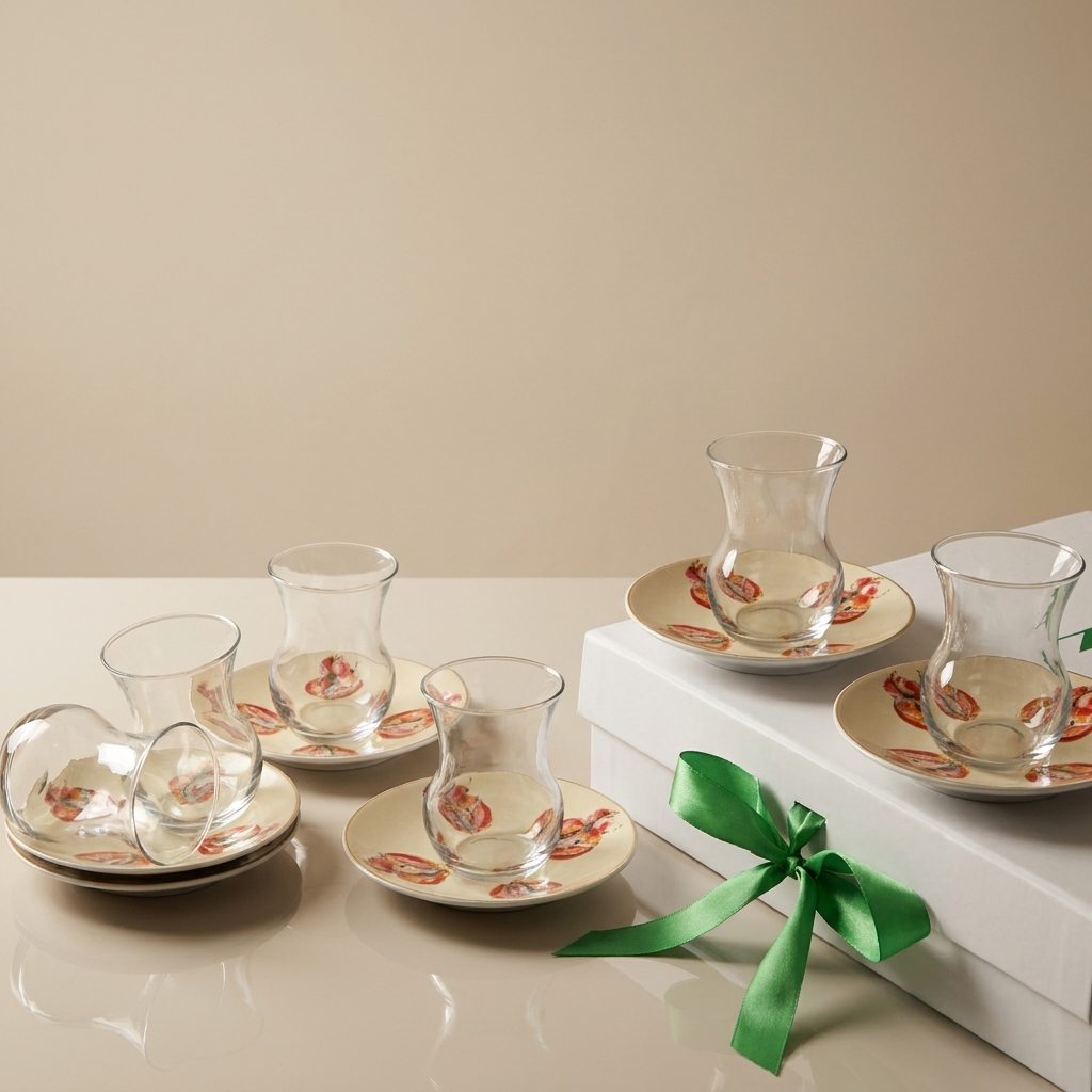 Istikana glass with Wed design saucer,6 pcs