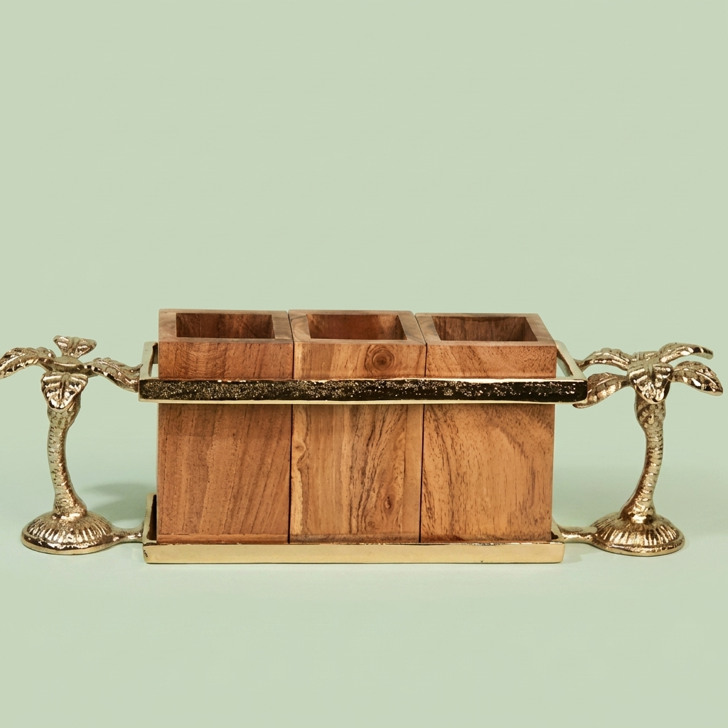 Wooden cutlery holder with plam shaped Handle - Gold