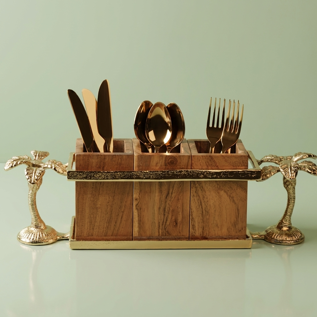 Wooden cutlery holder with plam shaped Handle - Gold