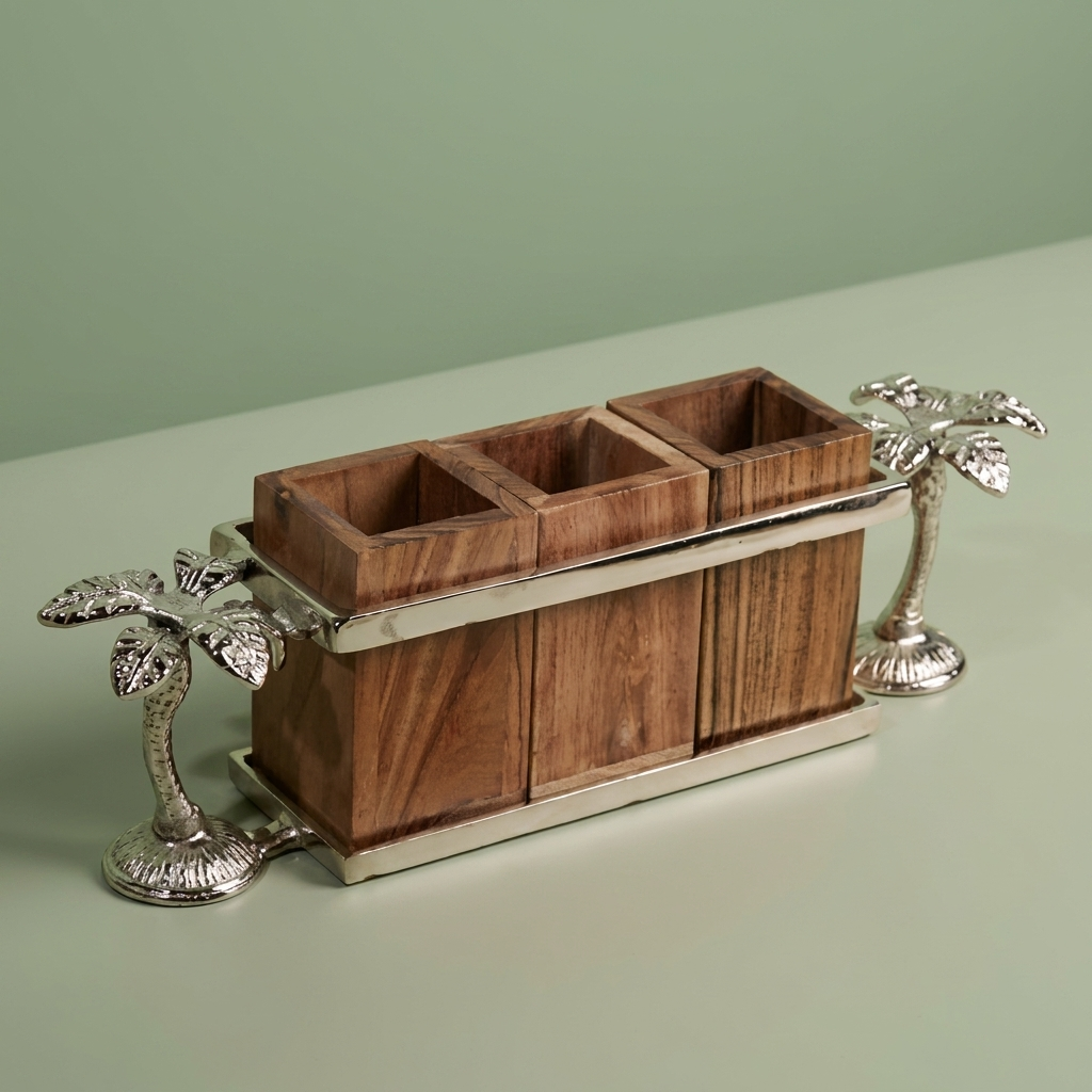 Wooden cutlery holder with plam shaped Handle - silver