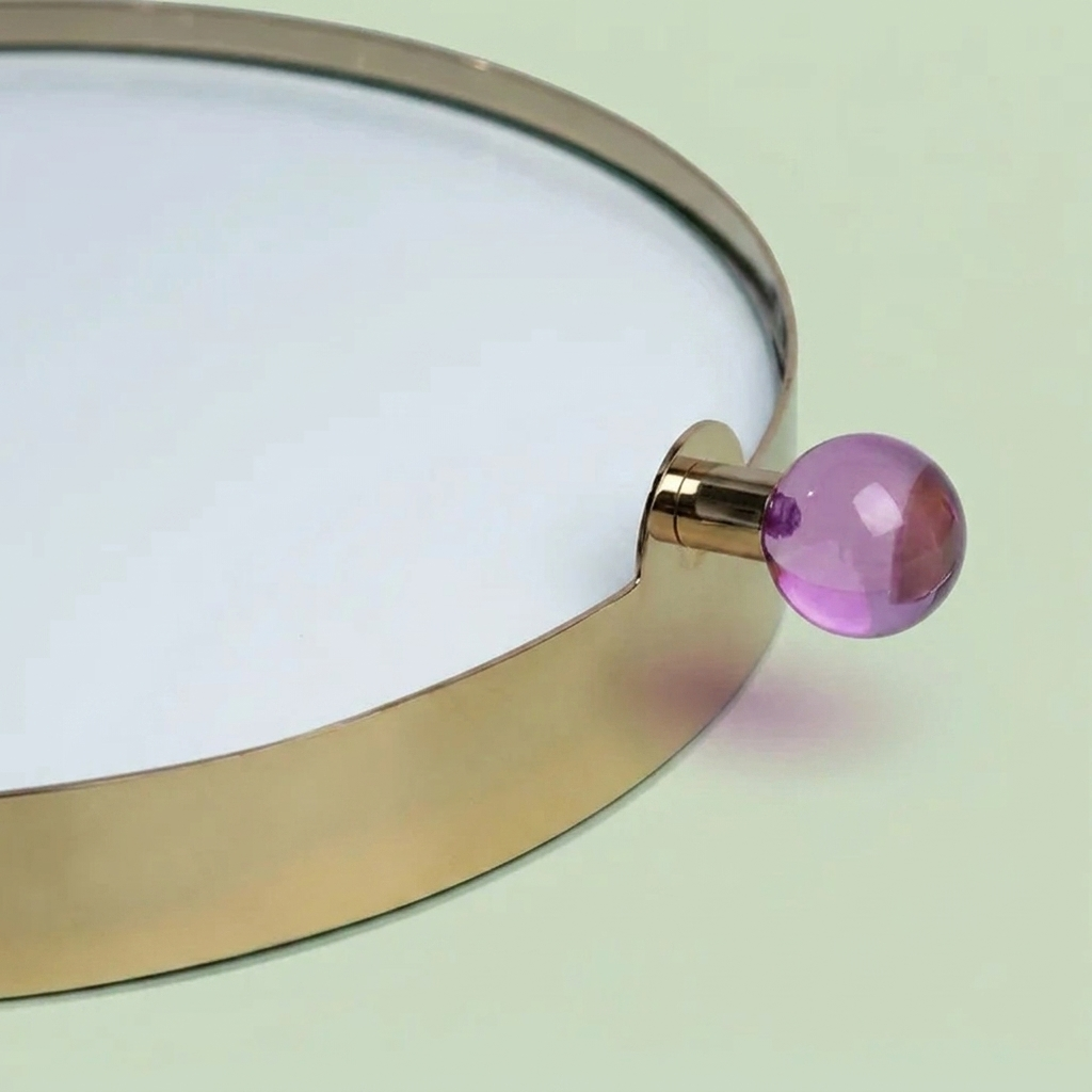 Stainless Steel Mirrored Serving Tray with violet acryclic ball Handle