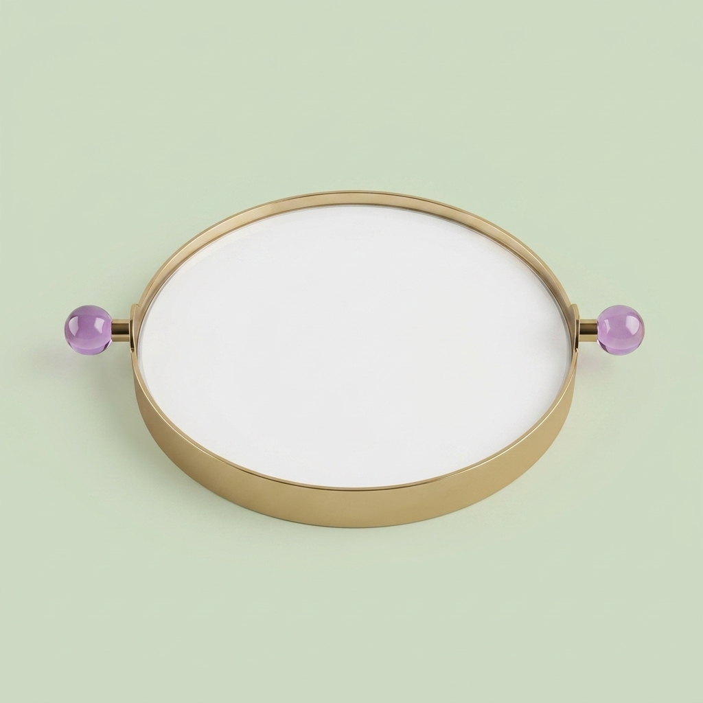 Stainless Steel Mirrored Serving Tray with violet acryclic ball Handle