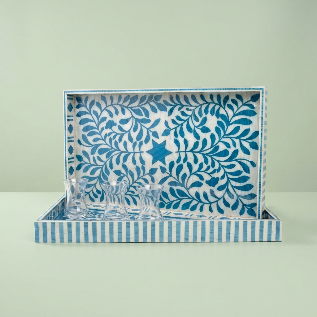 Acrylic Wooden Tray with Silver & Blue Design