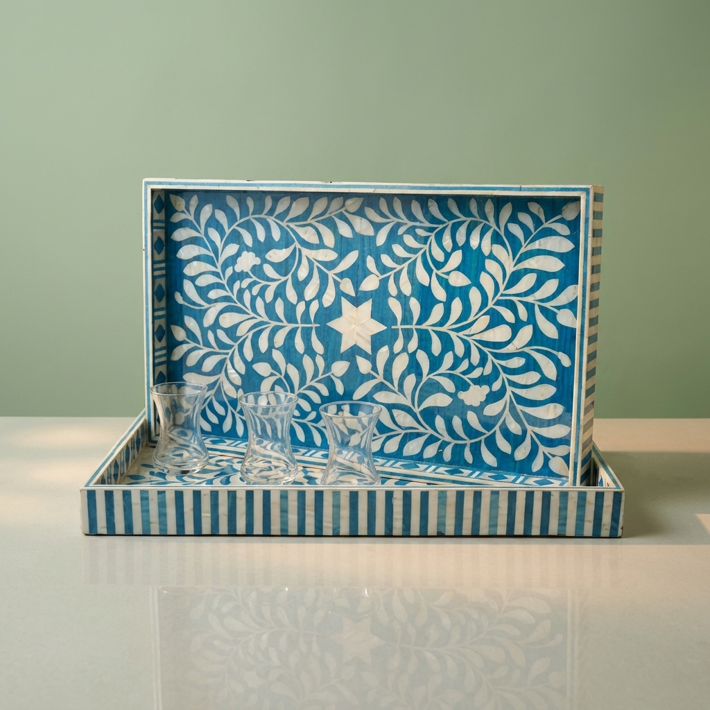 Acrylic Wooden Tray with Silver & Blue Design