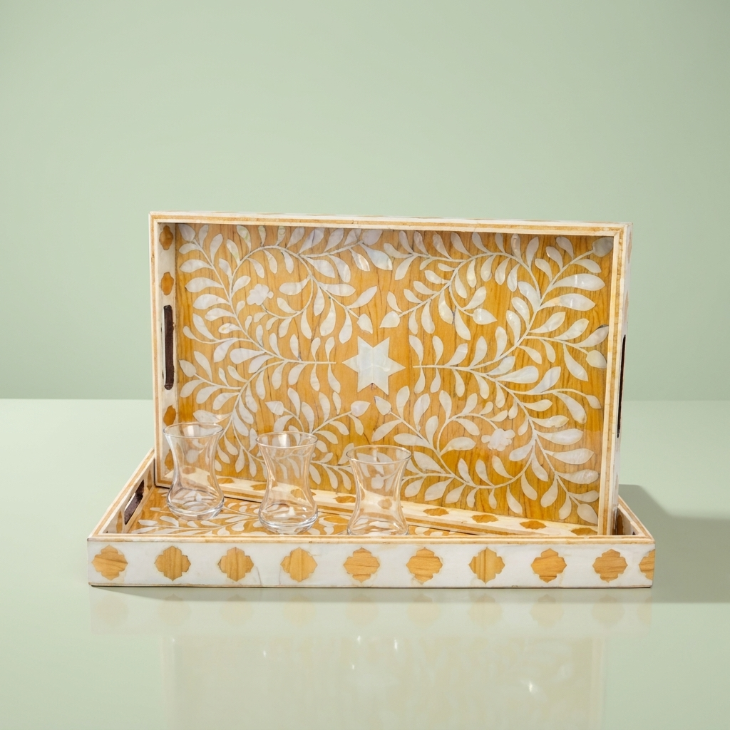 Acrylic Wooden Tray with Silver & Gold Design