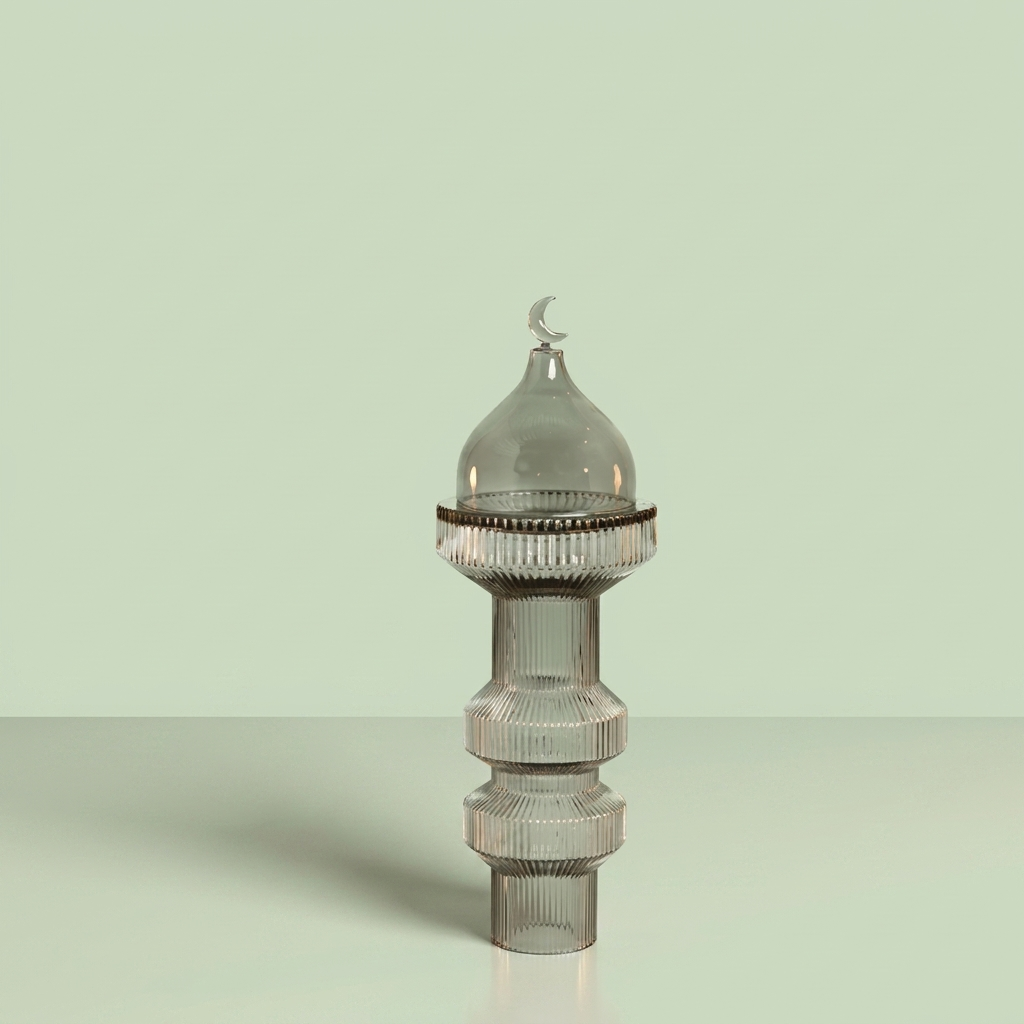 حامل شموع زجاجي مزخرف بغطاء - رمادي
